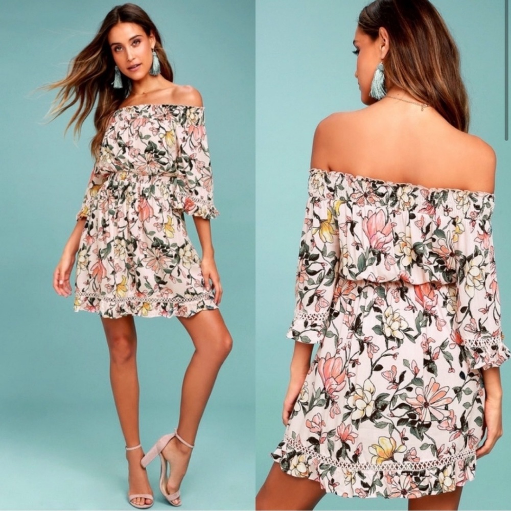 Lulu’s Hello, Darling Blush Pink Floral Print Off-the-Shoulder Dress Size XS